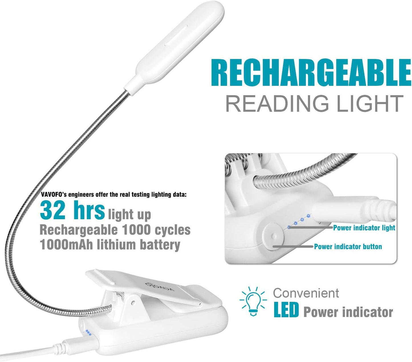 VAVOFO Clip On Book Light for Bed Kids, 7 LED Reading Light with 9-Level Warm Cool White Daylight, Eye Care Lamp with Power Indicator for Bookworms (Blue)