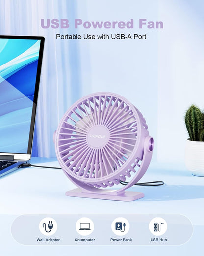 TriPole Desk Fan USB Powered Small Portable Fan, 3 Speeds Adjustable Strong Breeze Mini Personal Fans, 360° Rotation Quiet Plug In USB Fans for Desktop Bedroom Office Table Travel, Black, 4.9ft Cable