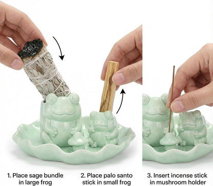 ChangWanna Frog Incense Stick Holder - Ceramic Insence Burner Ash Catcher, Insense Stand with 45 Sandalwood Sticks, Ornament for Aromatherapy/Yoga/Meditation/Home Living Room Office Decor