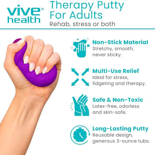 Vive Therapy Putty for Adults, for Hand (2 Pack) - Occupational Sensory Stress Relief Tools - for Physical Exercise, Finger Pain, Grip Strength, Rehab, Arthritis, Forearms, Fidgeting, Motor Skills