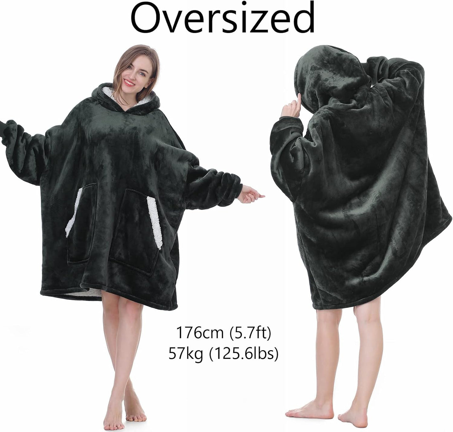 Kipswiza Wearable Blanket Hoodie Gifts for Women and Men, Oversized Cozy Warm Flannel Sherpa Hooded Blankets Sweatshirt with Giant Pockets for Adult and Teens, Dark Gray