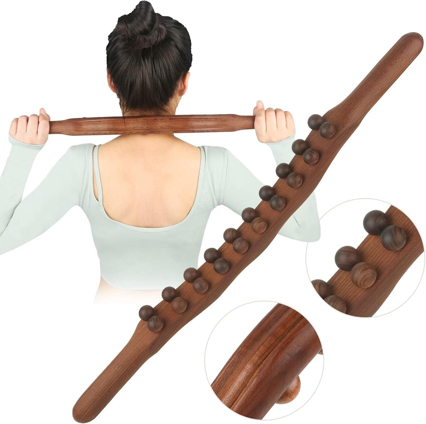 Wood Therapy Guasha Wood Stick Massage Tools, Lymphatic Drainage Massage Stick, Stomach Cellulite Massager, Myofascial Release Tool, Ease Pain Self Body Sculpting, Mountable Handle Double Row 20 Beads