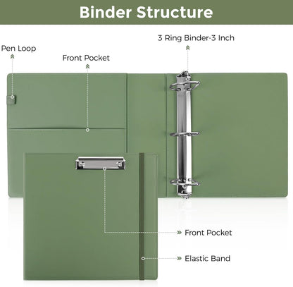 SKYDUE 3 Ring Binder with Clipboard, 13.2" × 10.2" Faux Leather 1 Inch Binder Organizer with 5 Pocket Dividers, Notepad, Labels & 2 Storage Pockets for Teachers, Students, Nurses & Office Work