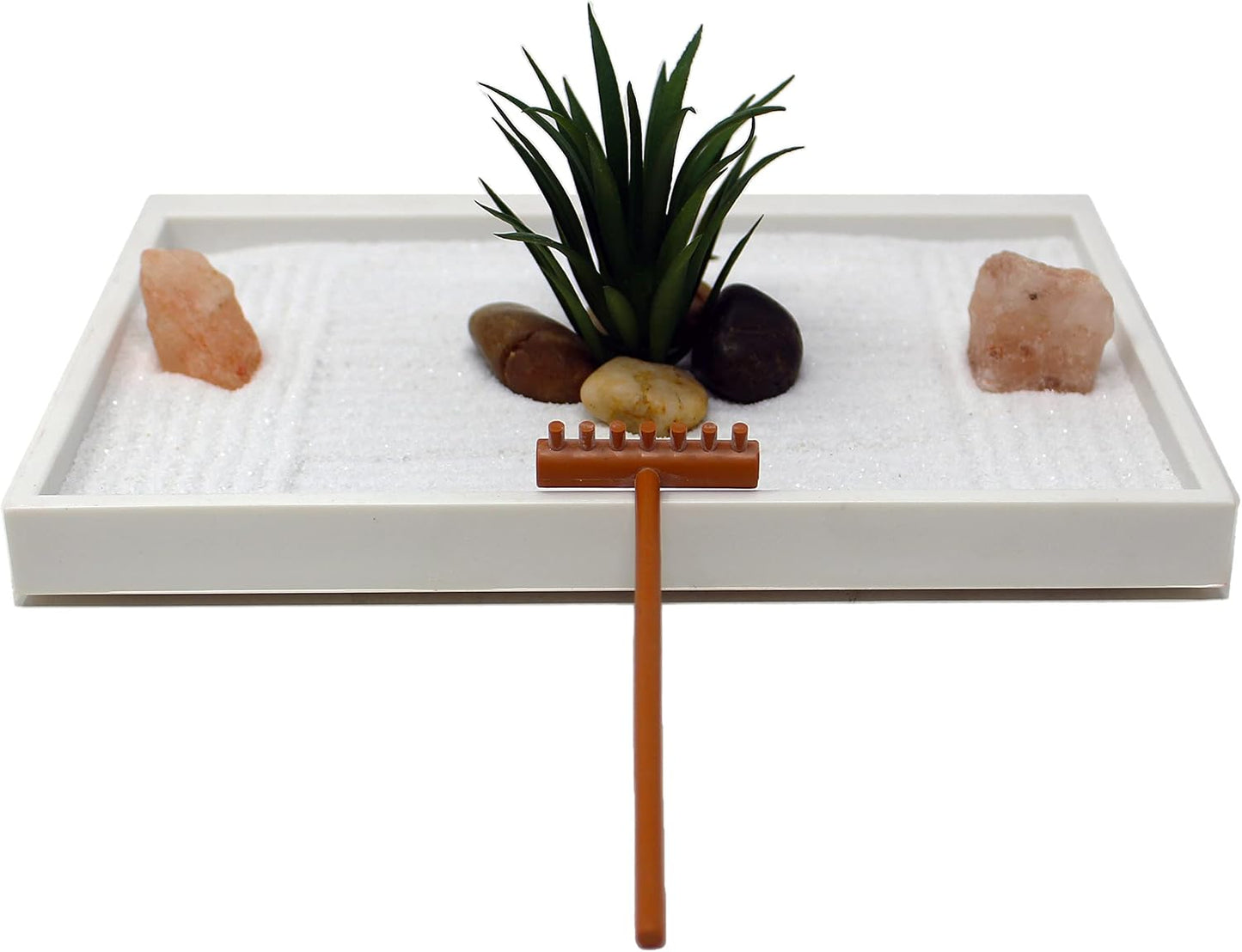 Nature's Mark Mini Zen Garden Kit for Desk with White Sand, Rake, White Base, Salt Rock and Air Plant (Round)