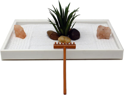 Nature's Mark Mini Zen Garden Kit for Desk with White Sand, Rake, White Base, Salt Rock and Air Plant (Round)