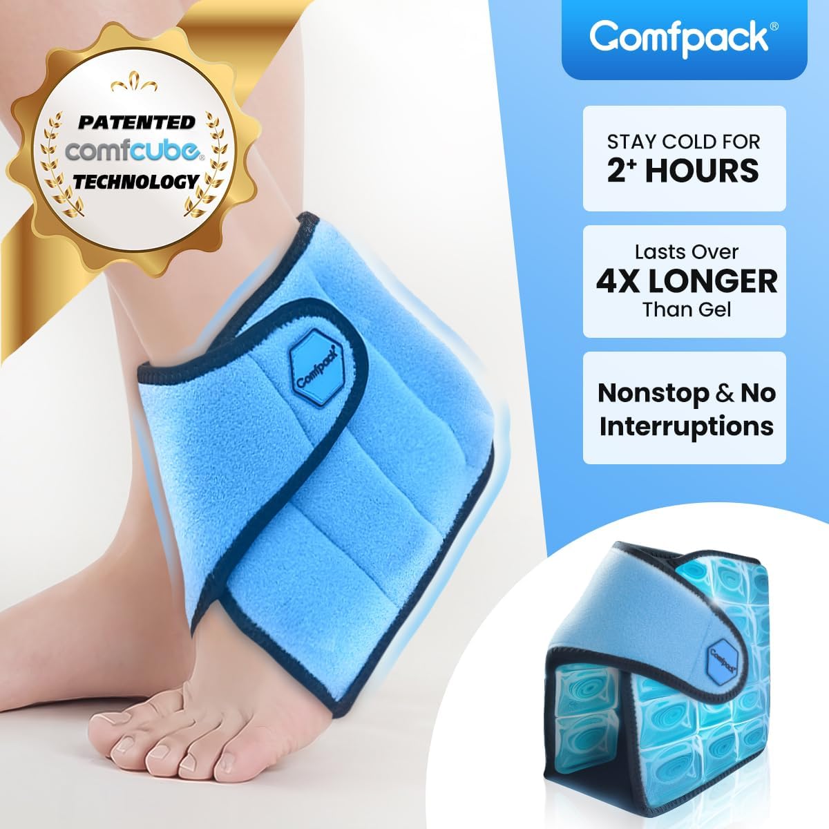 Comfpack Ankle Ice Pack Wrap, 2 Hours Long Lasting Cold Therapy for Swelling, Sprained Ankle, Achilles Tendonitis, Plantar Fasciitis Relief, Heel Pain, Reusable Ice Wrap for Surgery Recovery