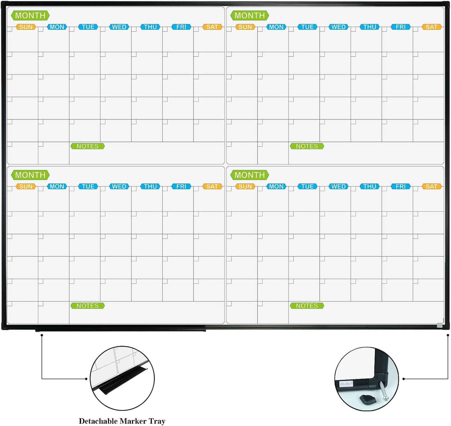 JILoffice Magnetic Dry Erase Calendar Whiteboard, 4 Month White Board Planner 36 X 24 Inch, Black Aluminum Frame Wall Mounted Board for Office Home and School