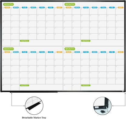 JILoffice Magnetic Dry Erase Calendar Whiteboard, 4 Month White Board Planner 36 X 24 Inch, Black Aluminum Frame Wall Mounted Board for Office Home and School