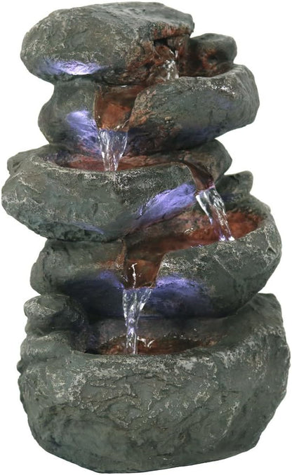 Sunnydaze 10" 5-Step Tabletop Water Fountain with LED Lights, Stacked Rocks
