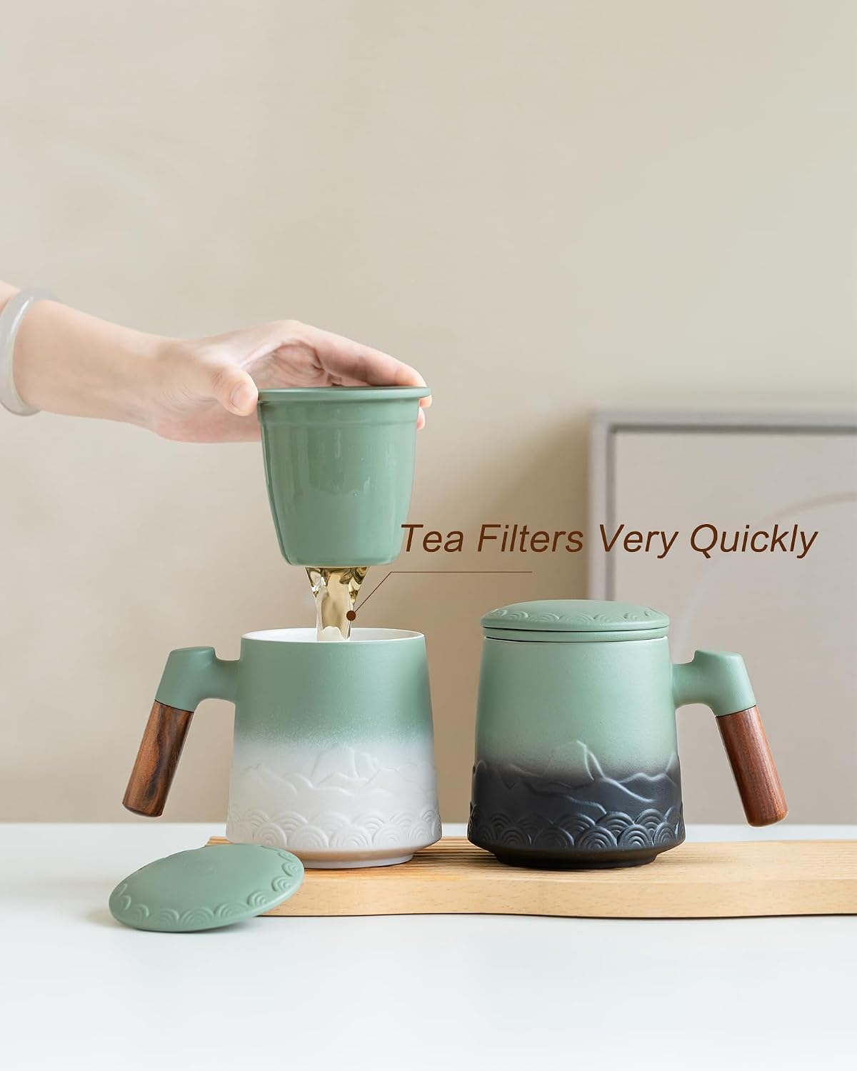 ZENS Embossed Ceramic Tea Mug with Infuser and Lid, 14.5 oz Wooden Handle, Loose Leaf Tea Steeper Cup & Strainer for Tea Lovers Gifts
