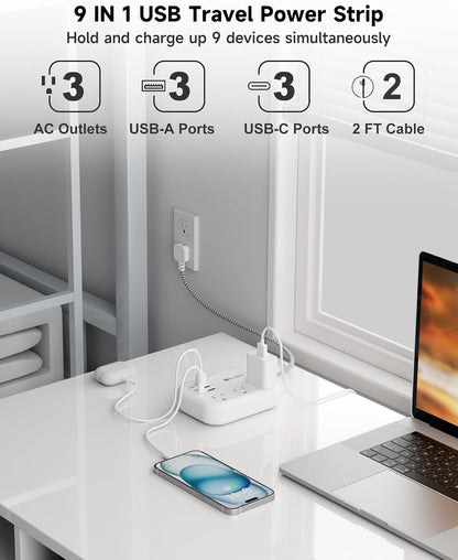 6 USB(3 USB C) Power Strip- Travel Power Strip with 6 USB Desktop Charging Station 24W/4.8A and 3 Outlets, 5Ft Flat Plug Braided Extension Cord, Non Surge Protector for Cruise Ship Travel Office Dorm