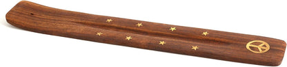 Wooden Incense Holder for Sticks with Inlays of Brass Crescent Moon 10 inches Long