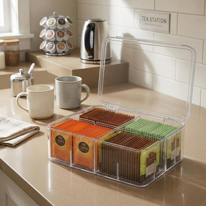 Tea Organizer for Tea Bags Organizer and Storage With Lid | Clear, Removable Divided, Tea Bag Holder, Drink Packets Organizer, For Cabinet, Counter, Countertop