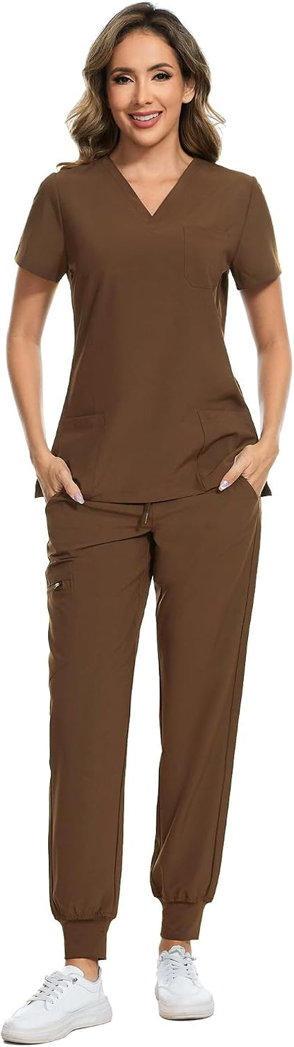 COZYFIT Scrubs for Women Set - Stretch V-Neck Scrub Top & Jogger Pant with 8 Pockets COZY SCRUBS - Colors D