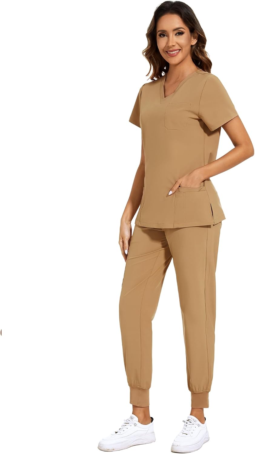 COZYFIT Scrubs for Women Set - Stretch V-Neck Scrub Top & Jogger Pant with 8 Pockets COZY SCRUBS - Colors C