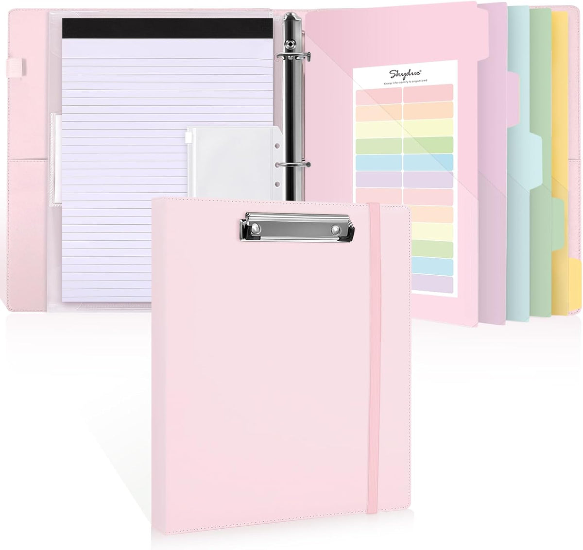 SKYDUE 3 Ring Binder with Clipboard, 13.2" × 10.2" Faux Leather 1 Inch Binder Organizer with 5 Pocket Dividers, Notepad, Labels & 2 Storage Pockets for Teachers, Students, Nurses & Office Work