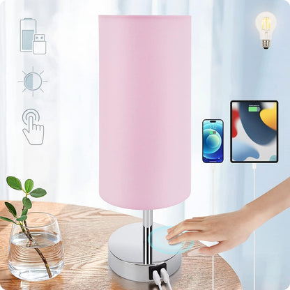 Yarra-Decor Bedside Table Lamp with USB Ports - Touch Control for Bedroom 3 Way Dimmable Nightstand Lamp with Round Fabric Shade for Living Room, Dorm, Home Office, Corded Electric, Without Battery