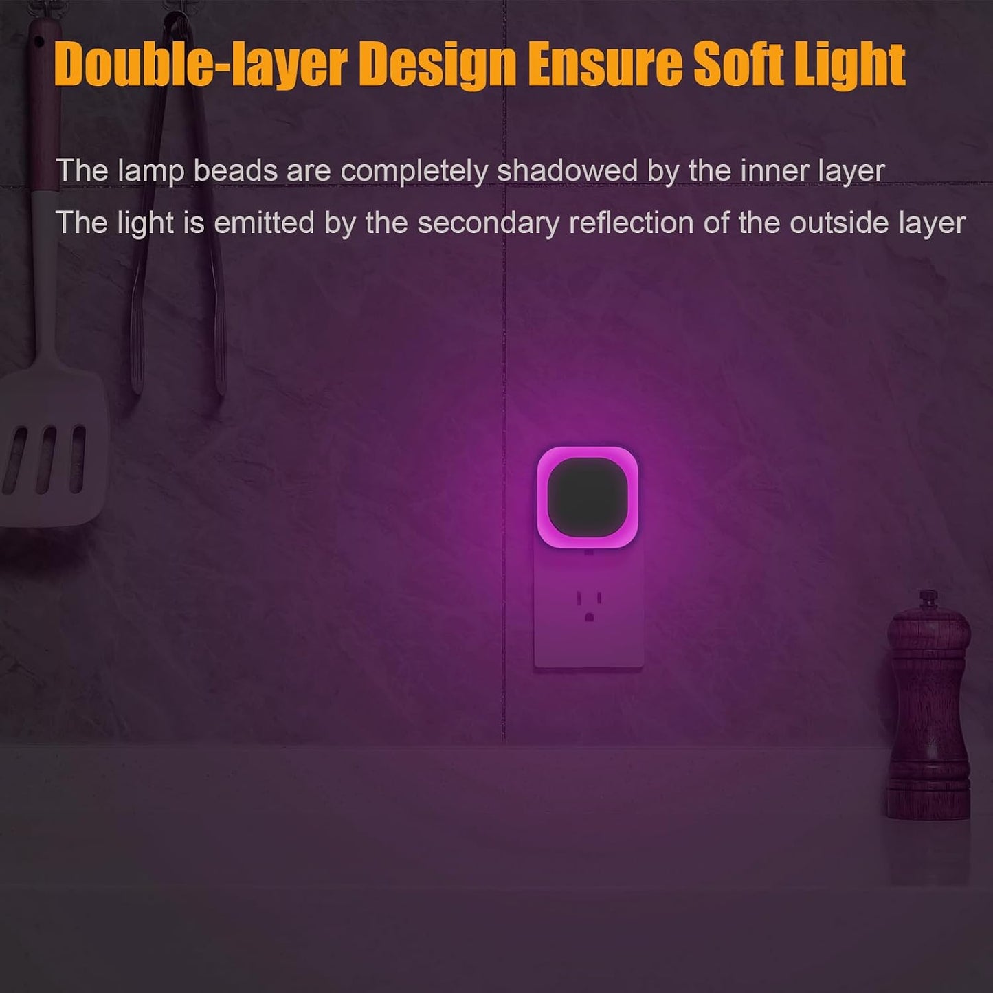 YUNLEX 2 Pack Amber Night Light, Dusk to Dawn Sensor, Warm Glare-Free Reflected Glow, 3-Level Dimmer, Auto On/Off, Plug-in LED Nightlight for Bedroom, Kids, Bathroom, Sleep, Baby Nursery, Toddler