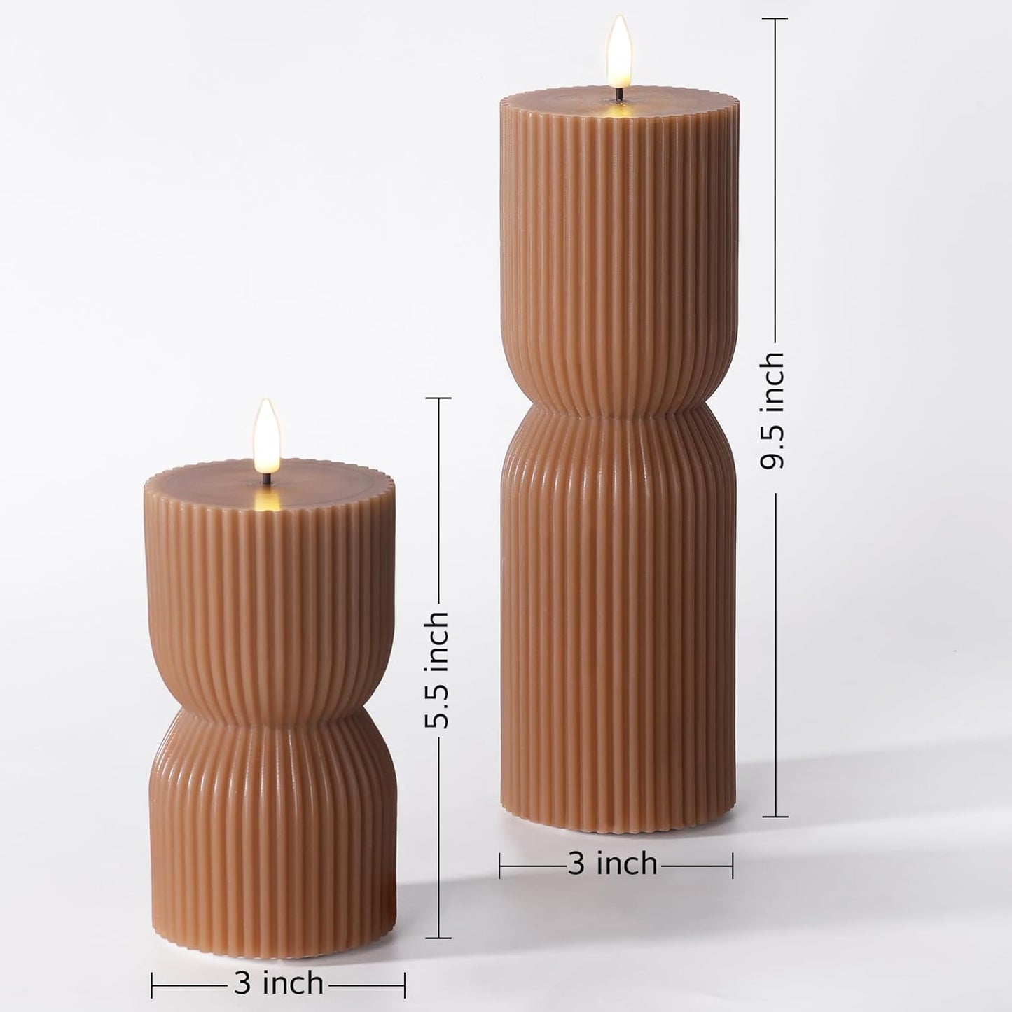 White Ribbed Flameless Pillar Candles with Remote, Real Wax Flickering Battery LED Candles Set of 2