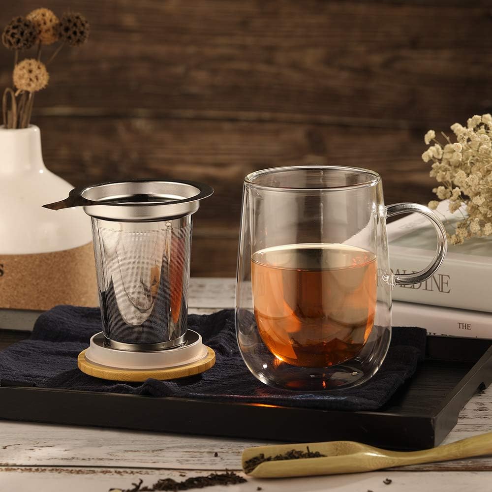 glastal Tea Infuser Mug 14.5oz Glass Tea Cup with Removable Stainless Steel Infuser and Lid, Double-walled Black Glass Tea Cup Teacup for Loose Leaf Tea, Birthday for Parents Dad Mum Friends Office