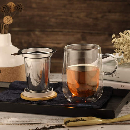 glastal Tea Infuser Mug 14.5oz Glass Tea Cup with Removable Stainless Steel Infuser and Lid, Double-walled Black Glass Tea Cup Teacup for Loose Leaf Tea, Birthday for Parents Dad Mum Friends Office
