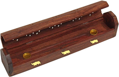 raajsee Beautiful Handmade Wooden Brown Incense Stick Holder Burner Storage Coffin Box - Ash Catcher with Brass Inlay -Home Utilities & Accessories -Meditation -Great Gift for Any Occasion 12x2 inch