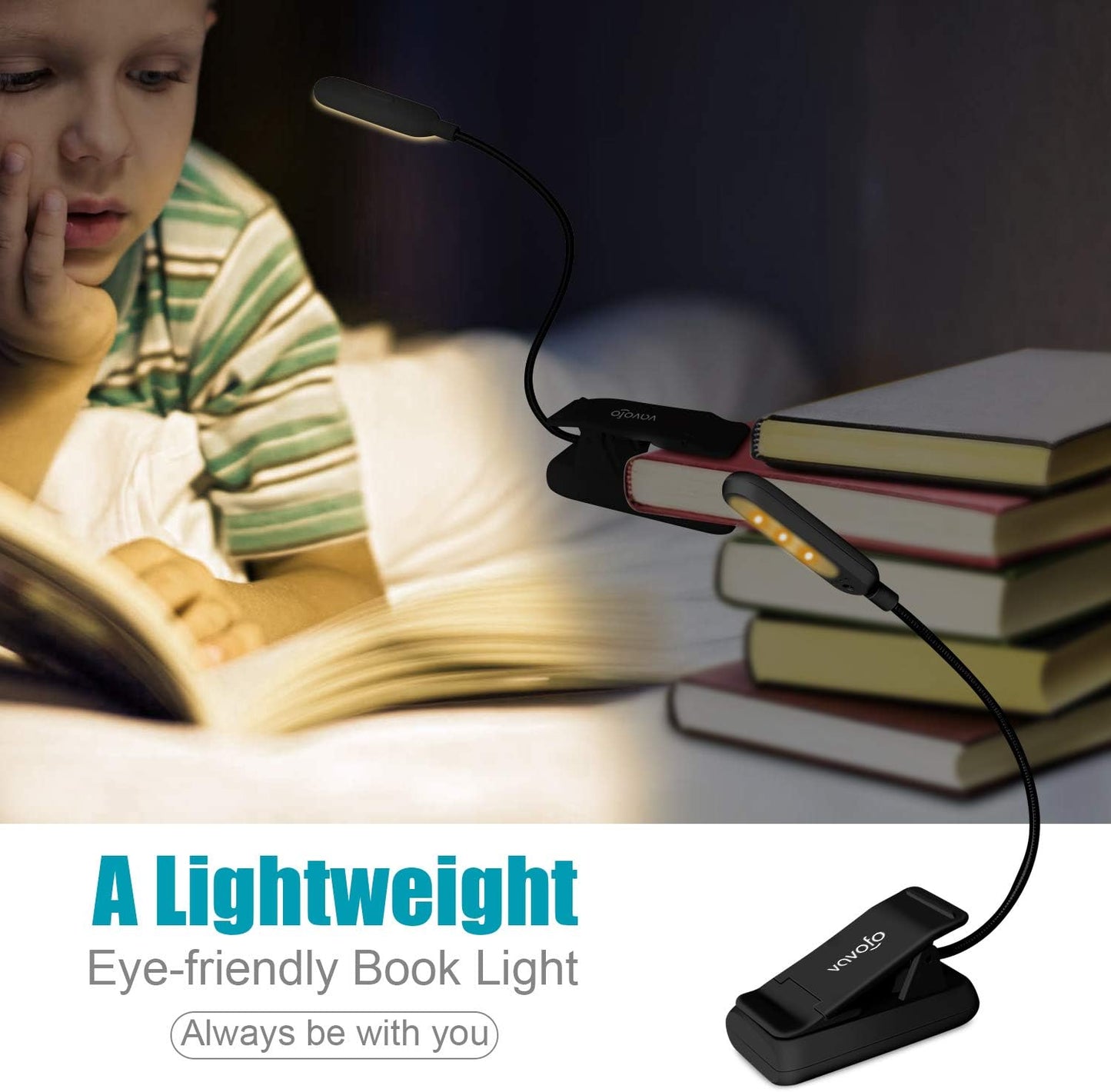 VAVOFO Clip On Book Light for Bed Kids, 7 LED Reading Light with 9-Level Warm Cool White Daylight, Eye Care Lamp with Power Indicator for Bookworms (Blue)