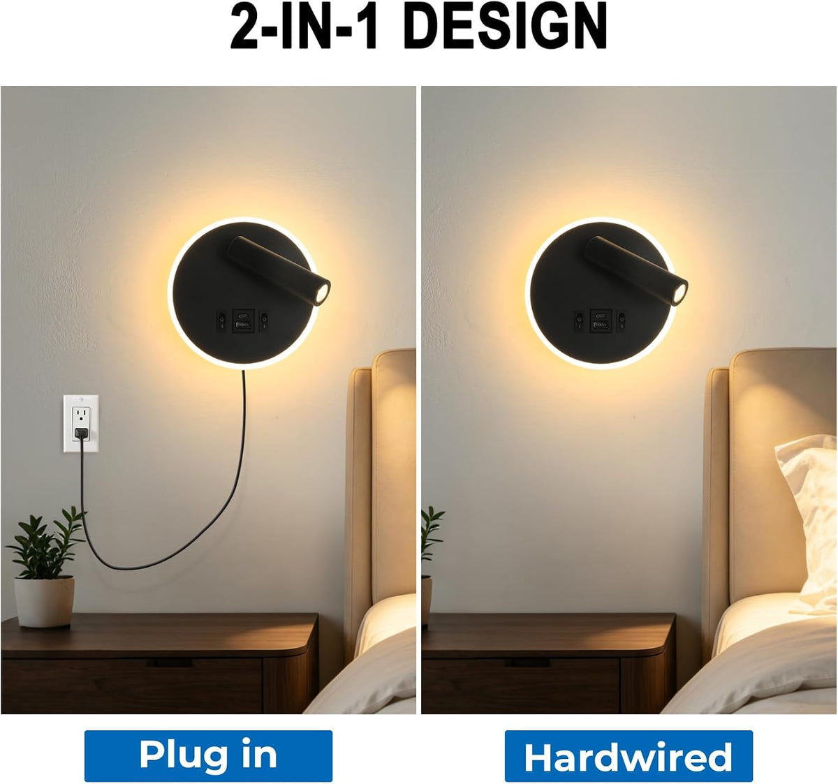 Plug in Wall Lamps for Bedroom Living Room, Wall Mounted Reading Lights with USB C+A Charging Ports, Headboard Lamp 360°Rotation, Wall Mount Lamp with 3 Color Temperature 3W+9W Night Light