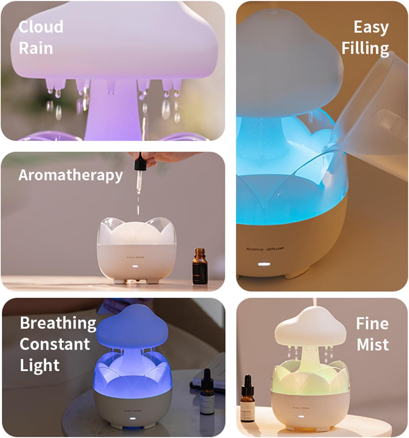 Raindrop Portable Humidifier,Cloud Essential Oil Diffuser,230ml Capacity,Remote Control,with Night Light and Waterless Auto Shut-Off,for Office Room Bedroom Livingroom