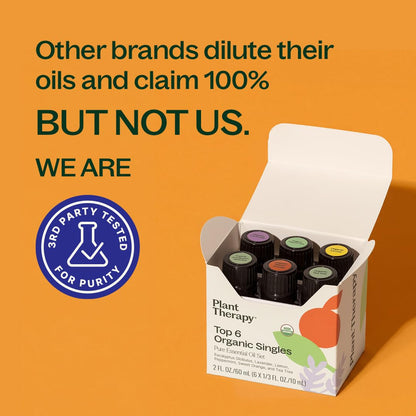 Plant Therapy Top 6 USDA Organic Essential Oil Set - Lavender, Peppermint, Eucalyptus, Lemon, Tea Tree 100% Pure, Natural Aromatherapy, for Diffusion & Topical Use, Therapeutic Grade 10 mL (1/3 oz)