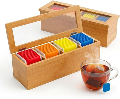 Tea Bag Organizer – Bamboo Tea Box Organizer with Acrylic Lid | Tea Storage Holder | Tea Caddy with 4 Compartments for Drawer, Kitchen Counter & Cabinet (11.8 x 3.5 x 3.5 in)