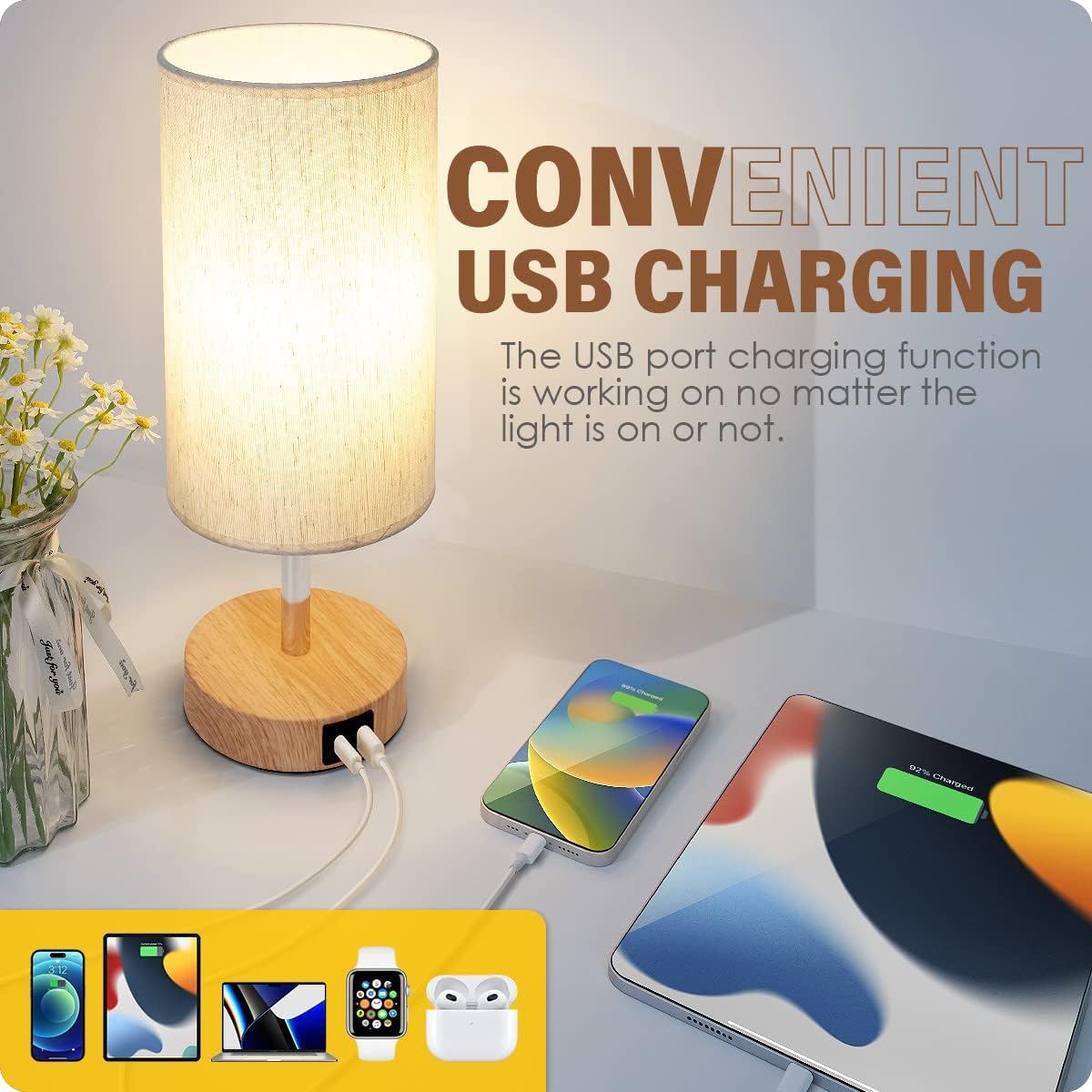 Yarra-Decor Bedside Lamps with USB Port - Touch Control Table Lamp for Bedroom Wood 3 Way Dimmable Nightstand Lamp Set of 2 with Round Flaxen Fabric Shade for Living Room, Dorm, Home Office (2 Pack)