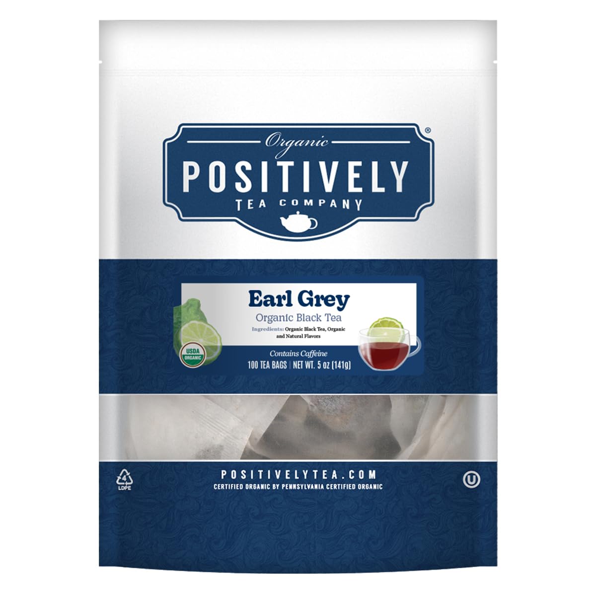 Organic Positively Tea Company, Earl Grey Black Tea Bags, 100 Count