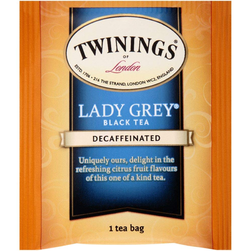 Twinings Decaffeinated Lady Grey Black Tea Individually Wrapped Bags, 20 Count (Pack of 1), Orange Peel & Lemon Peel, Enjoy Hot or Iced, 20 Teabags