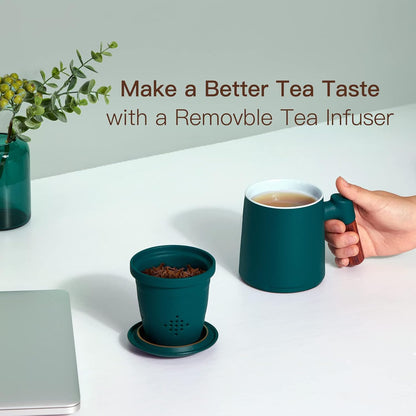 ZENS Embossed Ceramic Tea Mug with Infuser and Lid, 14.5 oz Wooden Handle, Loose Leaf Tea Steeper Cup & Strainer for Tea Lovers Gifts