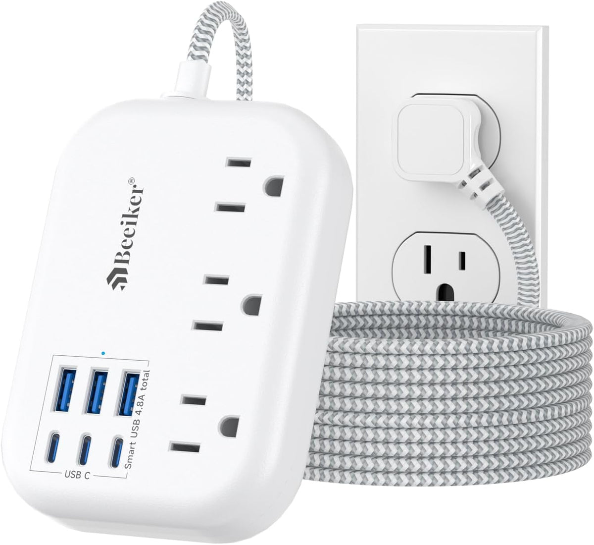 6 USB(3 USB C) Power Strip- Travel Power Strip with 6 USB Desktop Charging Station 24W/4.8A and 3 Outlets, 5Ft Flat Plug Braided Extension Cord, Non Surge Protector for Cruise Ship Travel Office Dorm