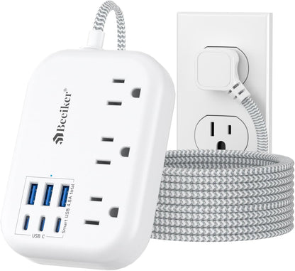 6 USB(3 USB C) Power Strip- Travel Power Strip with 6 USB Desktop Charging Station 24W/4.8A and 3 Outlets, 5Ft Flat Plug Braided Extension Cord, Non Surge Protector for Cruise Ship Travel Office Dorm