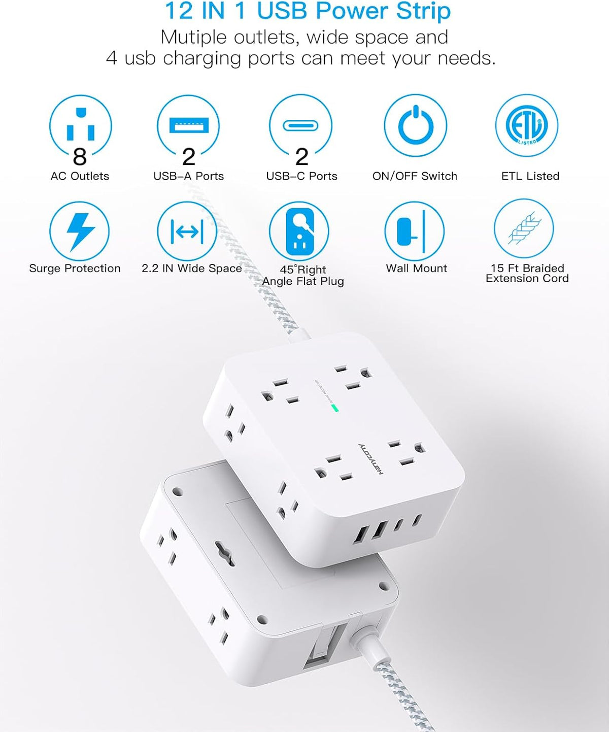 HANYCONY Surge Protector Power Strip, 1080J, 5 Ft Braided Extension Cord