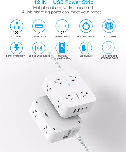 HANYCONY Surge Protector Power Strip, 1080J, 5 Ft Braided Extension Cord