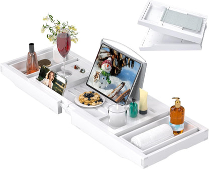 Artmalle Luxury Bathtub Caddy Tray for Tub - Foldable Bamboo Bath Table Tray with Book and Wine Glass Holder, Expandable Bathroom Accessories for Spa or Reading Lite Style