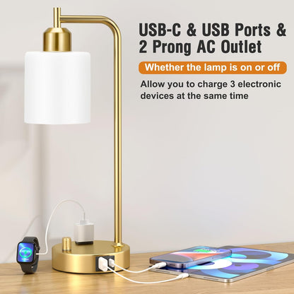 Industrial Table Lamps for Bedrooms Set of 2 - Fully Dimmable Bedside Lamps with USB A and C Ports and Outlet, Black Nightstand Lamps with Glass Shade for Living Room, Desk Lamps for Office Reading