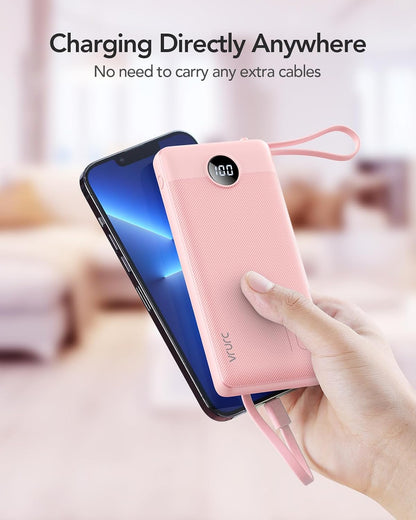 VRURC Portable Charger, Slim Power Bank Built-in 4 Cables, Travel Essential