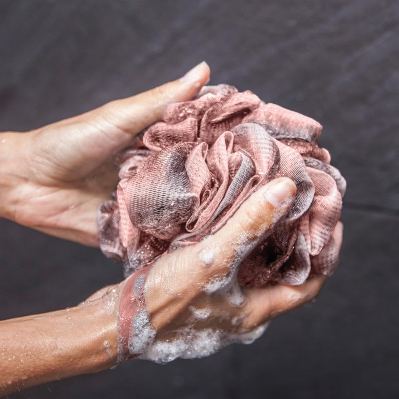 Toem® Loofah Back Scrubber for Shower | Bamboo Charcoal Fiber Infused | Loufas for Men & Women | Includes 1 Long Handled Shower Sponge, 1 Bath & Shower Luffa Pouf & 1 Hook to Hang Stuff (Slate Grey)