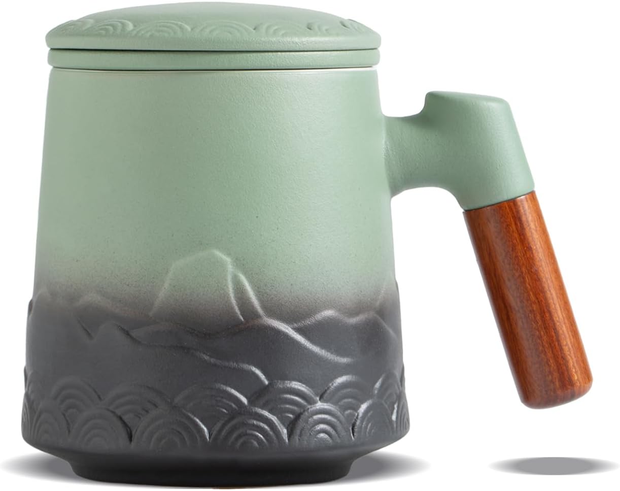 ZENS Embossed Ceramic Tea Mug with Infuser and Lid, 14.5 oz Wooden Handle, Loose Leaf Tea Steeper Cup & Strainer for Tea Lovers Gifts