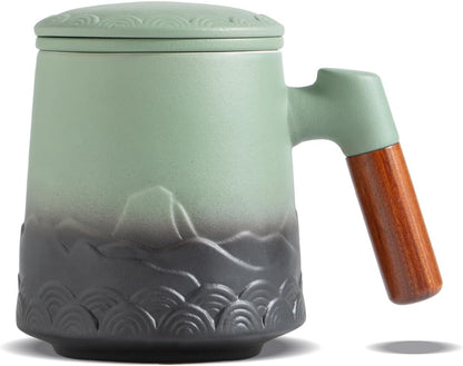 ZENS Embossed Ceramic Tea Mug with Infuser and Lid, 14.5 oz Wooden Handle, Loose Leaf Tea Steeper Cup & Strainer for Tea Lovers Gifts