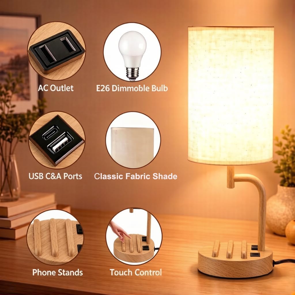 Dreamholder Touch Control USB Table Lamp with USB C/A & AC Outlet, 3-Way Dimmable Bedside Lamp, Modern Nightstand Lamps for Bedroom Living Room Guest Room Office, Bulb Included, Gold