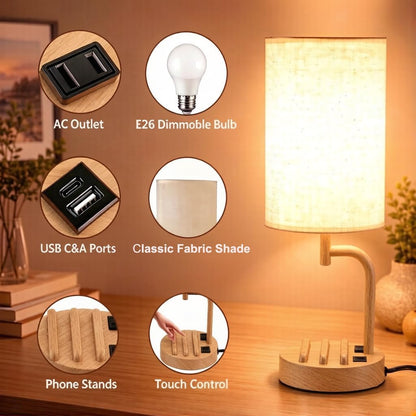Dreamholder Touch Control USB Table Lamp with USB C/A & AC Outlet, 3-Way Dimmable Bedside Lamp, Modern Nightstand Lamps for Bedroom Living Room Guest Room Office, Bulb Included, Gold