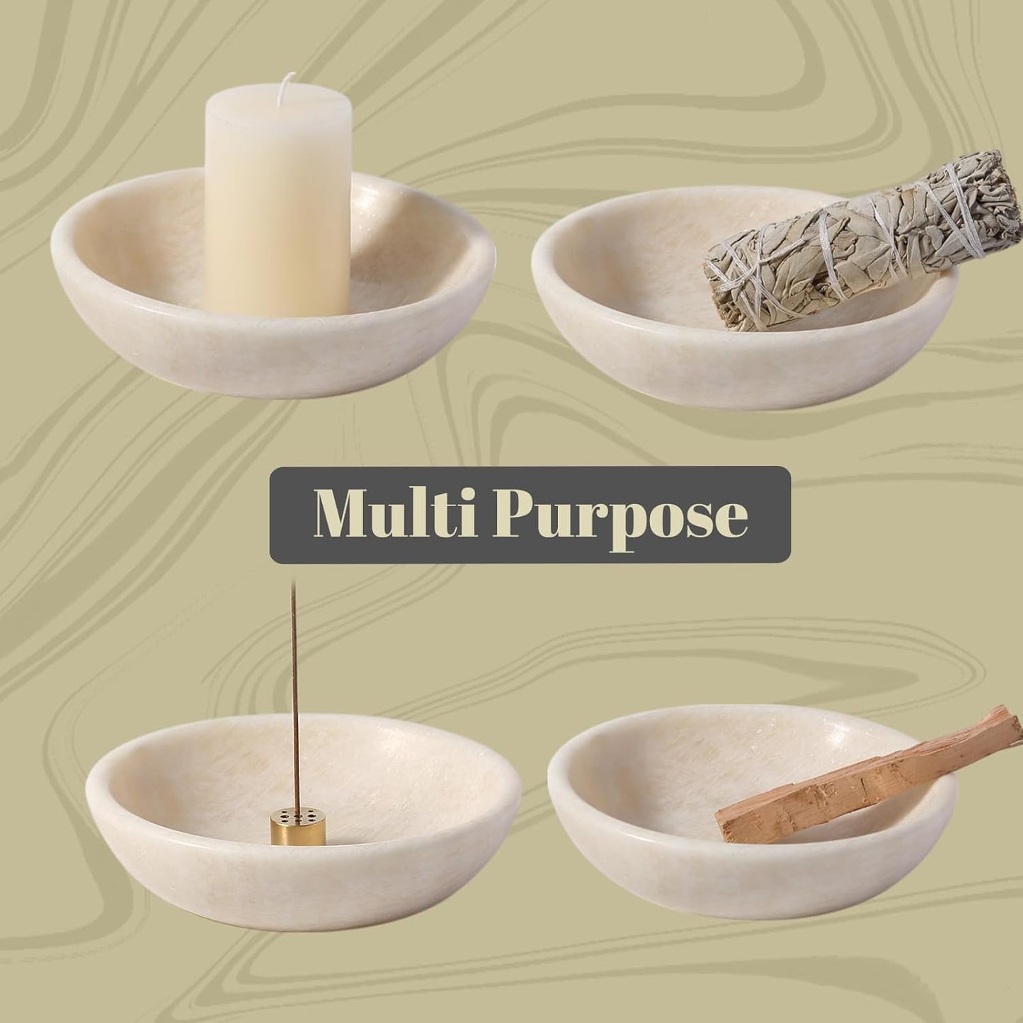Koville Natural Marble Incense Holder, Incense Holder for Sticks with 9 Holes, Handmade Incense Burner Ash Catcher for Meditation Yoga SPA, Balsam Fir/Palo Santo/Sage/Cone (White)