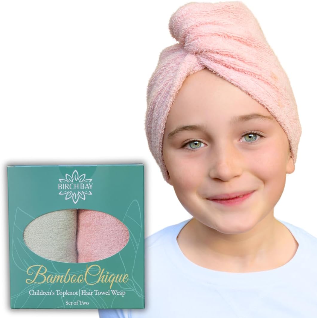 Hair Towel Wrap for Kids | 100% Bamboo Viscose |Tailored Small | Essential Hair Drying Wrap for Bath, Beach, Pool and Spa | Hair Accessory for Girls | Set of 2 | Seafoam Blue + Seashell Blush Pink