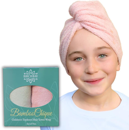 Hair Towel Wrap for Kids | 100% Bamboo Viscose |Tailored Small | Essential Hair Drying Wrap for Bath, Beach, Pool and Spa | Hair Accessory for Girls | Set of 2 | Seafoam Blue + Seashell Blush Pink